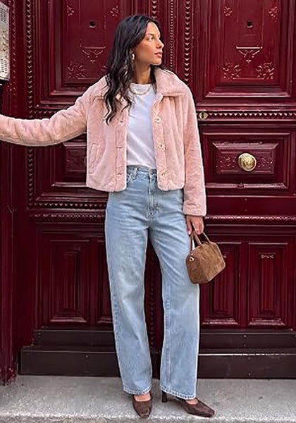 Pink Women's Cropped Fluffy Faux Fur Coat — Oversized Lapel Jacket with Button Down Closure & Warm Lining