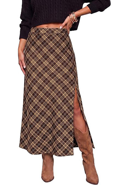 Brown & Khaki Women's Trendy Plaid Maxi Skirt — High Waisted A Line Long Skirt with Side Slit, Vintage Pattern & Back Elastic Waist
