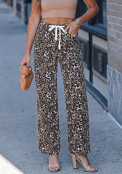 GRAPENT Women's High Waisted Wide Leg Leopard Jeans | Leopard Print Denim, Drawstring Waist, Loose Straight Leg, 28" Inseam, Dressy Casual Everyday Wear