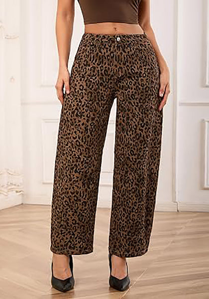 Brown Cheetah Women's Trendy Leopard Barrel Jeans — High Waisted Baggy Wide Leg Stretchy Denim Pants with Front Seam & Ankle Length