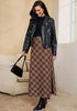 Brown & Khaki Women's Trendy Plaid Maxi Skirt — High Waisted A Line Long Skirt with Side Slit, Vintage Pattern & Back Elastic Waist
