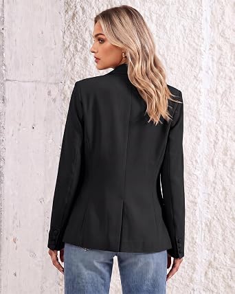 Black Women's Notched Lapel Blazer, Single Button Shoulder Pads Suit Jacket, Long Sleeve Business Casual Work Office Blazer with Pockets & Back Slit