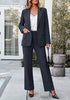 Charcoal Women's 2 Piece Blazer Pants Suit, Business Casual Long Sleeve Belted Double Breasted Blazer & Elastic High Waisted Flared Pants Set, Dressy Office Work Outfits