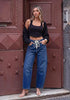 Darkness Blue Barrel Jeans for Women High Waisted Baggy Drawstring Wide Leg Denim Pants Stretchy Ankle Length 27.5 Inseam Casual Trendy