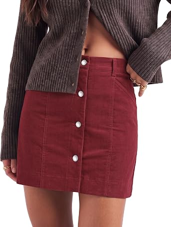 Wine Red Women's Corduroy Short Skirt, Trendy Button Fly Stretchy Fall Skirts with Elastic Back Waist and Functional Pockets, Soft Dressy Casual Fall Outfits