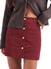 Wine Red Women's Corduroy Short Skirt, Trendy Button Fly Stretchy Fall Skirts with Elastic Back Waist and Functional Pockets, Soft Dressy Casual Fall Outfits