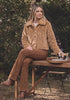 Khaki Women's Cropped Fluffy Faux Fur Coat — Oversized Lapel Jacket with Button Down Closure & Warm Lining