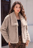 Khaki Wide Lapel Faux Fur Coat for Women — Oversized Dropped Shoulder Jacket with Side Pockets & Snap Buttons