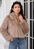 khaki Women's Solid Color Shaggy Faux Fur Jacket — Cropped Long Pile Coat with Lapel Collar, Hook Closure & Drop Shoulder
