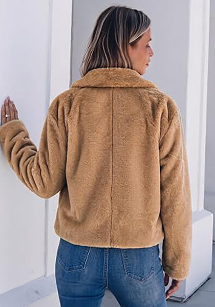 Khaki Women's Cropped Fluffy Faux Fur Coat — Oversized Lapel Jacket with Button Down Closure & Warm Lining