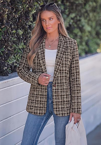 GRAPENT Women's Tweed Plaid Blazer | Notched Lapel, Fully Lined, Shoulder Pads, Single Button, 2 Pockets, Interview Office Business Casual
