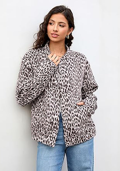 Light Grey Cheetah Women's Leopard Print Bomber Jacket — Oversized Brushed Wool Blend Cheetah Jacket with Stand Collar, Snap Buttons & Elastic Hem