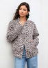 Light Grey Cheetah Women's Leopard Print Bomber Jacket — Oversized Brushed Wool Blend Cheetah Jacket with Stand Collar, Snap Buttons & Elastic Hem