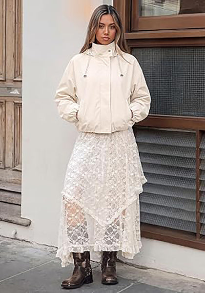Cream White Women's Trendy Funnel Neck Bomber Jacket — Oversized Cropped Zip Up Hooded Jacket with Stand Collar & Elastic Cuff Hem