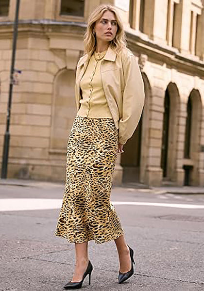Golden Brown Cheetah Women's Leopard Print Satin Maxi Skirt — High Waisted Bias Cut A Line Slip Skirt with Stretchy Elastic Waistband