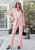 Peach Blush Women's 2 Piece Blazer Pants Suit, Business Casual Long Sleeve Belted Double Breasted Blazer & Elastic High Waisted Flared Pants Set, Dressy Office Work Outfits