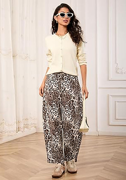 Sand Leopard Women's Trendy Leopard Barrel Jeans — High Waisted Baggy Wide Leg Stretchy Denim Pants with Front Seam & Ankle Length