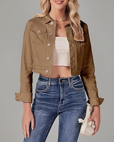 Almond Brown Women's Basic Long Sleeves Fitted Denim Cropped Jacket