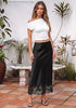 Black Women's Satin Maxi Skirt — Silky Bias Cut Long Slip Skirt with Easy Pull On Elastic Waistband & Lace Trim Hem