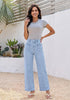 GRAPENT Women's High Waisted Scalloped Ankle Jeans | Stretchy Denim, Straight Wide Leg, 27.5