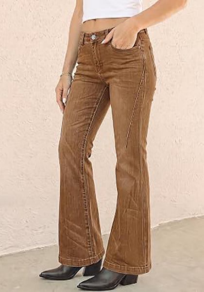 Golden Brown Flare Jeans for Women Mid Rise Bootcut Denim Pants Distressed Stretchy Retro Y2K Washed Date Night Outfit Nashville Western Style