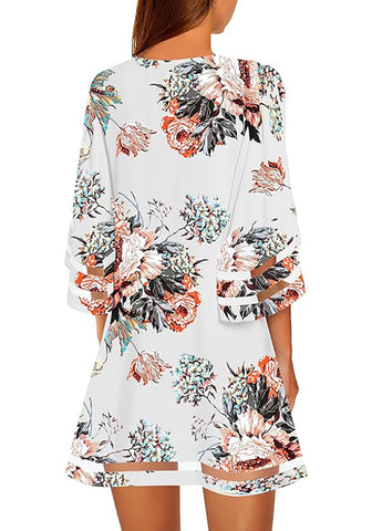 Floral Pirnt Brilliant White Women Casual Crewneck Mesh Panel 3/4 Bell Sleeve Loose Tunic Dress