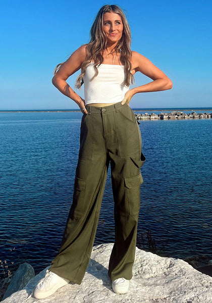 Army Green Women's High Waisted Elastic Waist Cargo Pants Stretch Y2K Style