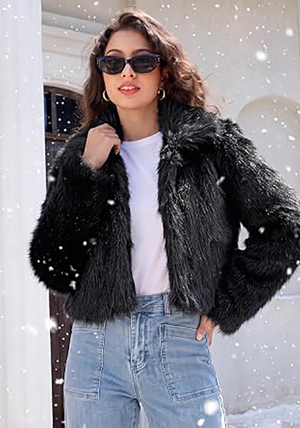 Black Women's Solid Color Shaggy Faux Fur Jacket — Cropped Long Pile Coat with Lapel Collar, Hook Closure & Drop Shoulder