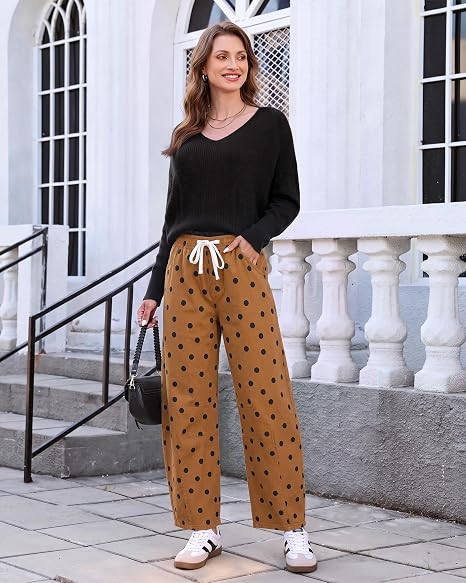 GRAPENT Women's High Rise Polka Dot Barrel Jeans | Stretch Denim, Elastic Drawstring Waist, 27" Inseam, Cropped, Dressy Casual Daily Wear