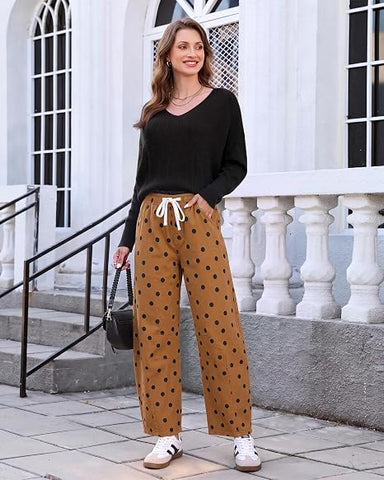 GRAPENT Women's High Rise Polka Dot Barrel Jeans | Stretch Denim, Elastic Drawstring Waist, 27" Inseam, Cropped, Dressy Casual Daily Wear