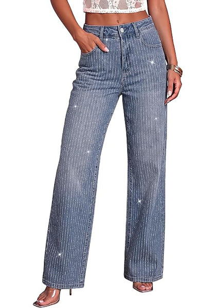 Bay Blue Women's Rhinestone Wide Leg Jeans, High Waisted Stretch Glitter Sparkly Embellished Denim Pants, 29.5" Inseam Trendy Party Night Out Outfits