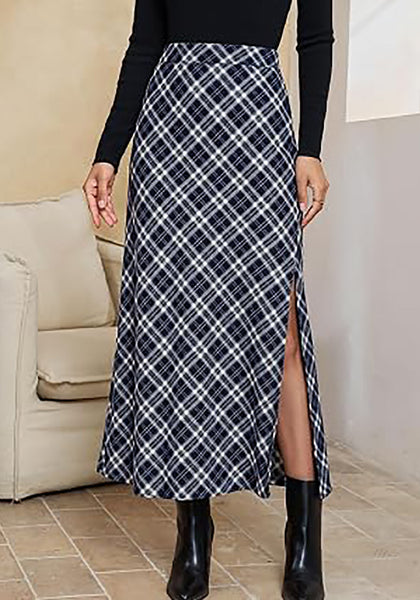 Navy Blue & White Women's Trendy Plaid Maxi Skirt — High Waisted A Line Long Skirt with Side Slit, Vintage Pattern & Back Elastic Waist