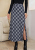 Navy Blue & White Women's Trendy Plaid Maxi Skirt — High Waisted A Line Long Skirt with Side Slit, Vintage Pattern & Back Elastic Waist