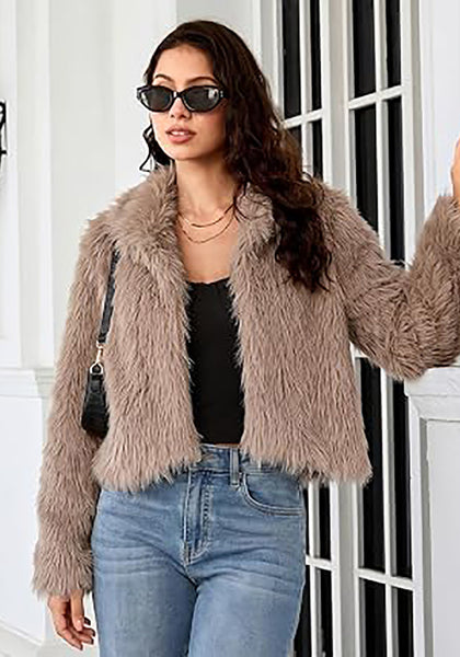 khaki Women's Solid Color Shaggy Faux Fur Jacket — Cropped Long Pile Coat with Lapel Collar, Hook Closure & Drop Shoulder