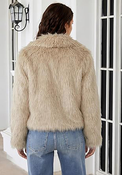 Apricot  Women's Solid Color Shaggy Faux Fur Jacket — Cropped Long Pile Coat with Lapel Collar, Hook Closure & Drop Shoulder