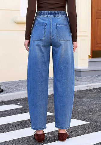 GRAPENT Women's High Waisted Barrel Jeans | Stretchy Denim, Elastic Drawstring Waist, 27.5" Inseam, Front Patch Pockets, Dressy Casual Outfits
