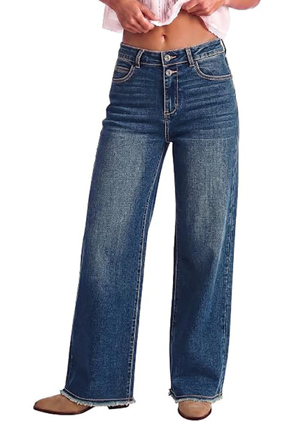 Vintage Blue Women's High Waisted Wide Leg Jeans by luvamia — Stretchy 90s Baggy Straight Denim, Raw Hem, Button Front, 29.5" Inseam, Casual Western Work Pants
