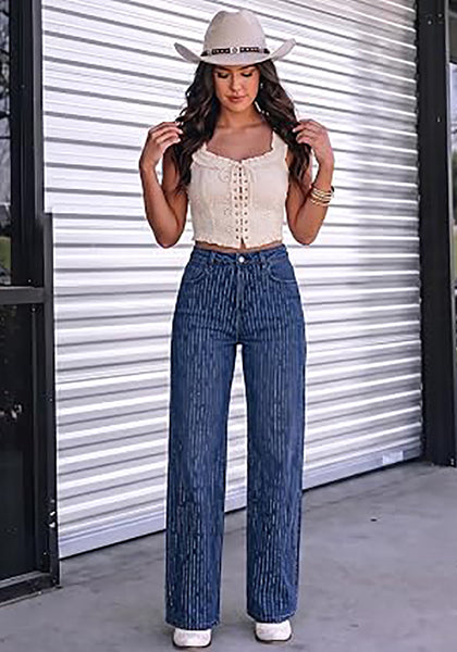 Darkness Blue  Women's Rhinestone Wide Leg Jeans, High Waisted Stretch Glitter Sparkly Embellished Denim Pants, 29.5" Inseam Trendy Party Night Out Outfits