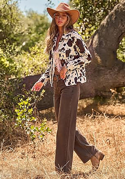 Dark Brown Cow Print Women's Cow Print Faux Suede Shacket — Cropped Button Down Jacket with Pockets & Full Lining