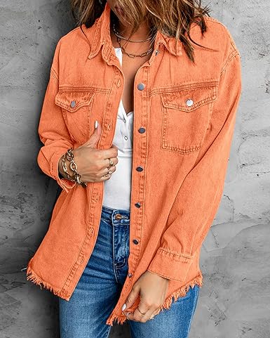 Orange Button-Up Oversized Women's Denim Shacket