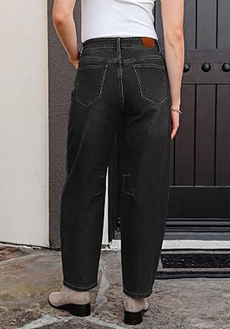 Washed Black Barrel Jeans for Women High Waisted Baggy Drawstring Wide Leg Denim Pants Stretchy Ankle Length 27.5 Inseam Casual Trendy