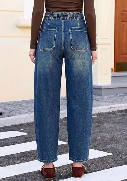 GRAPENT Women's High Waisted Barrel Jeans | Stretchy Denim, Elastic Drawstring Waist, 27.5" Inseam, Front Patch Pockets, Dressy Casual Outfits