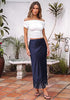 Dark Blue Women's Satin Maxi Skirt — Silky Bias Cut Long Slip Skirt with Easy Pull On Elastic Waistband & Lace Trim Hem