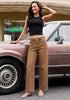 Golden Brown Women's High Waisted Wide Leg Jeans by luvamia — Stretchy 90s Baggy Straight Denim, Raw Hem, Button Front, 29.5