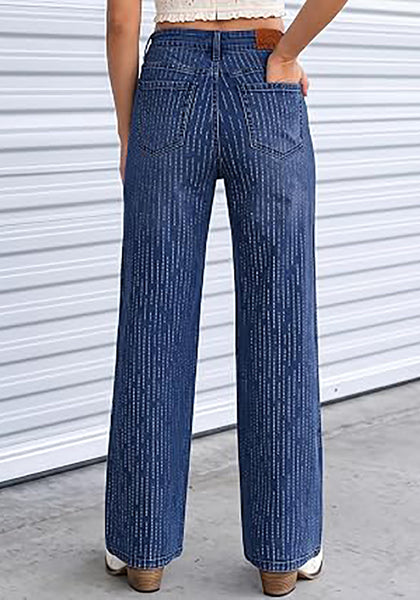 Darkness Blue  Women's Rhinestone Wide Leg Jeans, High Waisted Stretch Glitter Sparkly Embellished Denim Pants, 29.5" Inseam Trendy Party Night Out Outfits