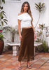 Brown Women's Satin Maxi Skirt — Silky Bias Cut Long Slip Skirt with Easy Pull On Elastic Waistband & Lace Trim Hem
