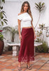 Red Women's Satin Maxi Skirt — Silky Bias Cut Long Slip Skirt with Easy Pull On Elastic Waistband & Lace Trim Hem