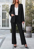 Black Women's 2 Piece Blazer Pants Suit, Business Casual Long Sleeve Belted Double Breasted Blazer & Elastic High Waisted Flared Pants Set, Dressy Office Work Outfits
