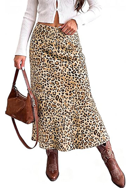 Taffy Leopard Women's Leopard Print Satin Maxi Skirt — High Waisted Bias Cut A Line Slip Skirt with Stretchy Elastic Waistband