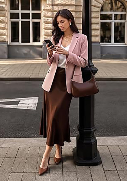 Pink Women's Notched Lapel Blazer, Single Button Shoulder Pads Suit Jacket, Long Sleeve Business Casual Work Office Blazer with Pockets & Back Slit